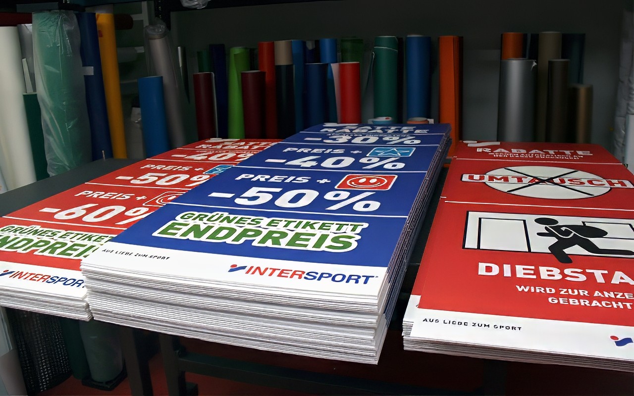 drei Stapel mit farbig bedruckten großen Werbeschilder